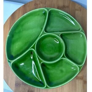 Vintage Mid Century Modern Gien France Divided Plate Kelly Green Glazed 9"
